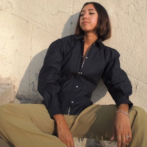 Thakoon Fitted Puff Sleeve Shirt Jacket Navy Blue Collar Full Zip NWT Size 6 - Picture 1 of 8